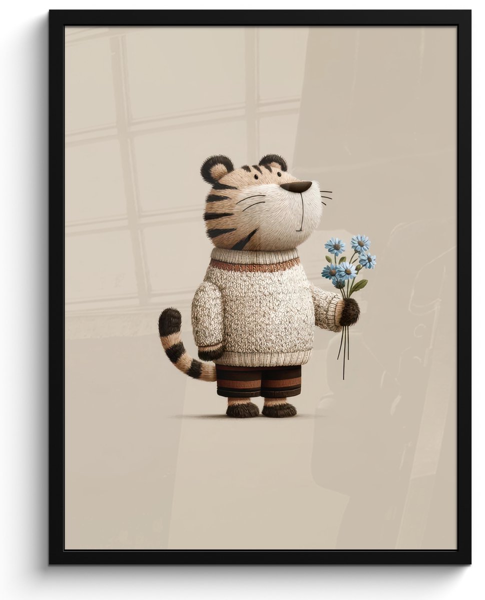 FrameYourWall Poster in lijst - Fotolijst 50x70 cm - Posters - Tijger - Blauwe bloemen - Rustig - Posterlijst zwart - Decoratie - Wanddecoratie woonkamer - Muurdecoratie slaapkamer Tijger - Bloemen