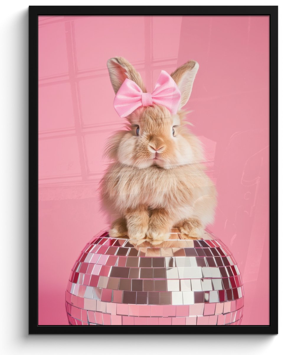 FrameYourWall Poster in lijst - Fotolijst 50x70 cm - Posters - Strik - Discobal - Konijn - Posterlijst zwart - Decoratie - Wanddecoratie woonkamer - Muurdecoratie slaapkamer Konijn - Disco
