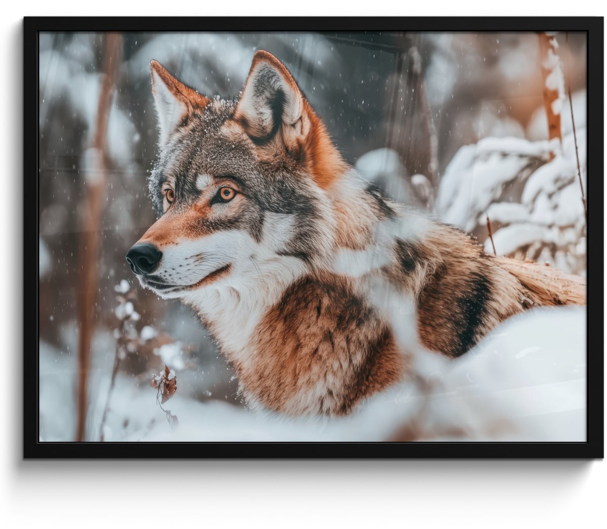 FrameYourWall Poster in lijst - Fotolijst 70x50 cm - Posters - Wolf - Sneeuw - Winter - Dieren - Natuur - Sneeuw - Posterlijst zwart - Decoratie - Wanddecoratie woonkamer - Muurdecoratie slaapkamer