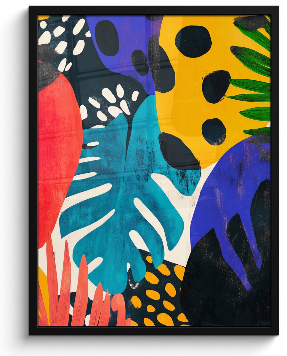 FrameYourWall Poster in lijst - Fotolijst 50x70 cm - Posters - Bladeren - Vormen - Abstract - Kleurrijk - Posterlijst zwart - Decoratie - Wanddecoratie woonkamer - Muurdecoratie slaapkamer Kleurrijk - Bloemen - Abstract