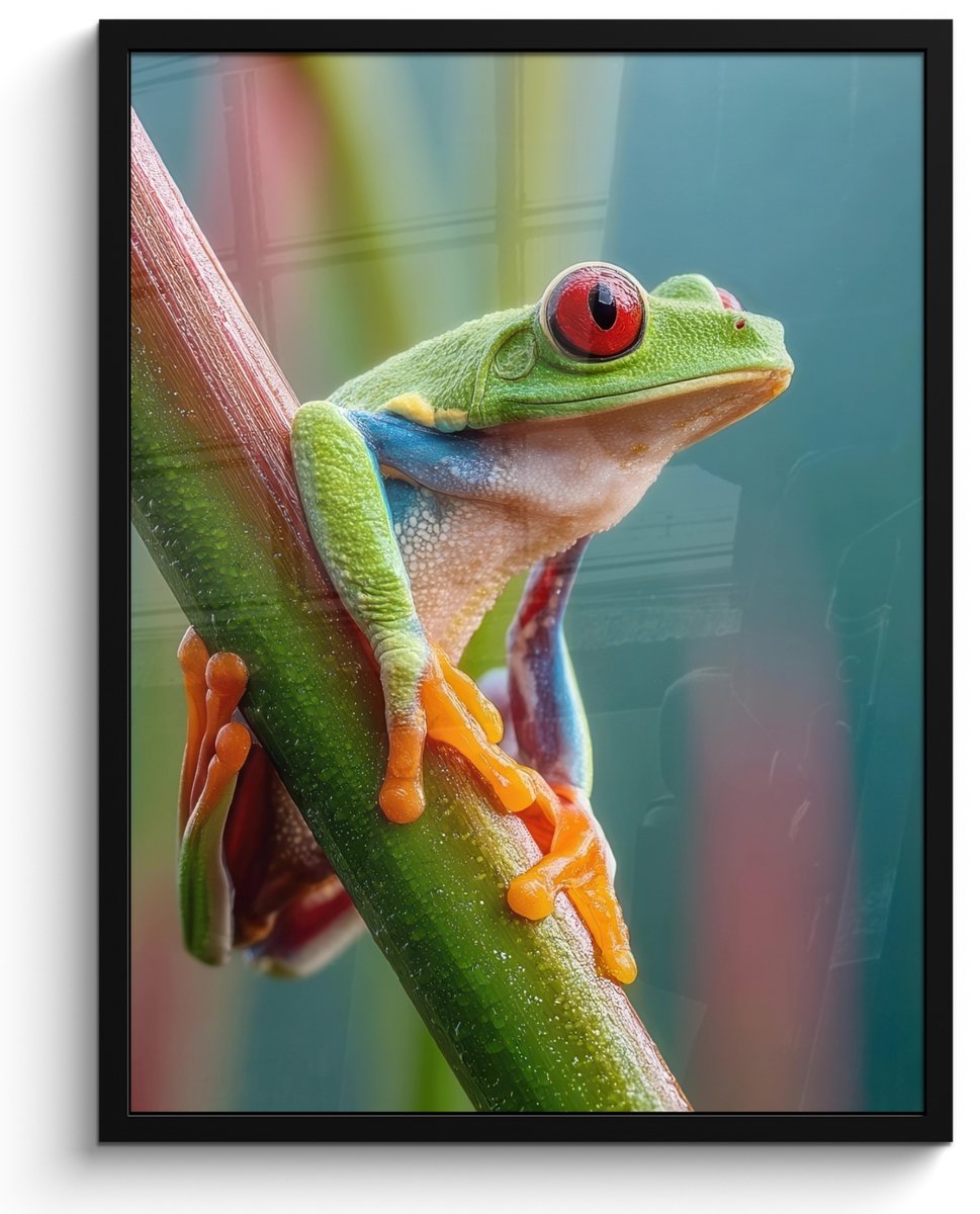 FrameYourWall Poster in lijst - Fotolijst 50x70 cm - Posters - Kleurrijke kikker - Groene stengel - Alert - Posterlijst zwart - Decoratie - Wanddecoratie woonkamer - Muurdecoratie slaapkamer Kikker - Kleurrijk