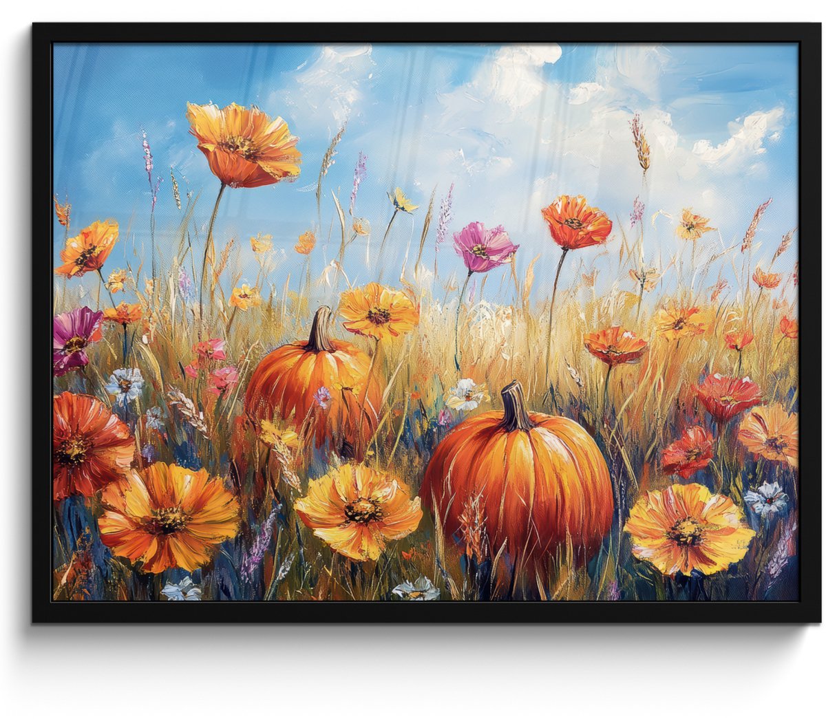FrameYourWall Poster in lijst - Fotolijst 70x50 cm - Posters - Bloemen - Herfst - Pompoen - Natuur - Landschap - Posterlijst zwart - Decoratie - Wanddecoratie woonkamer - Muurdecoratie slaapkamer Oranje