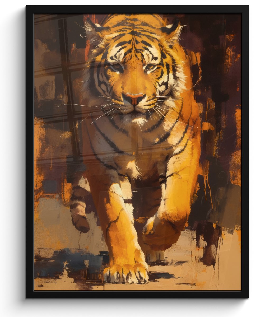 FrameYourWall Poster in lijst - Fotolijst 50x70 cm - Posters - Tijger - Geschilderd - Oranje - Penseelstreken - Posterlijst zwart - Decoratie - Wanddecoratie woonkamer - Muurdecoratie slaapkamer