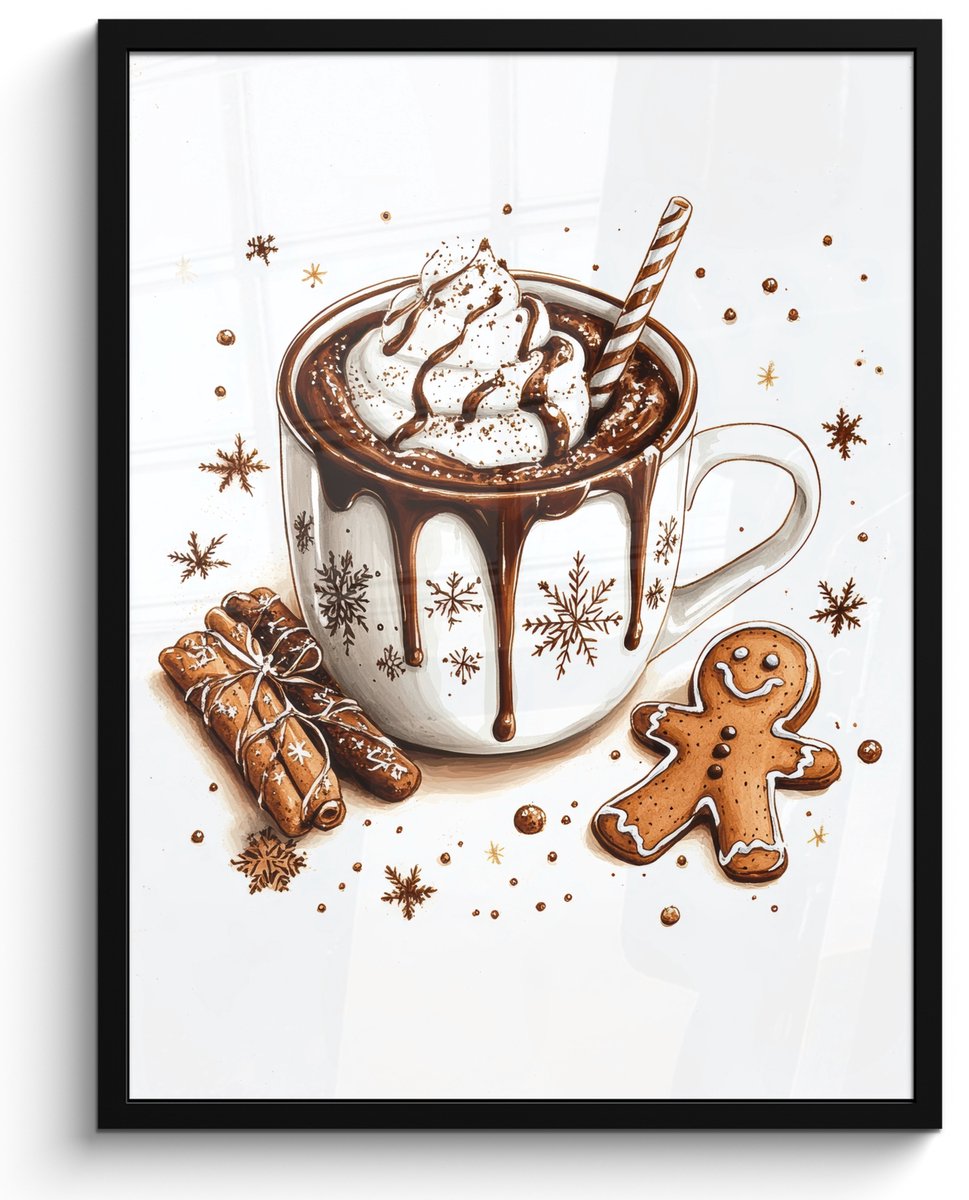 FrameYourWall Poster in lijst - Fotolijst 50x70 cm - Posters - Chocomel - Decoratie - Koek - Winter - Kerst - Posterlijst zwart - Decoratie - Wanddecoratie woonkamer - Muurdecoratie slaapkamer - Kerstversiering - Kerstdecoratie voor binnen - Kerstmis Kerst - Chocolademelk