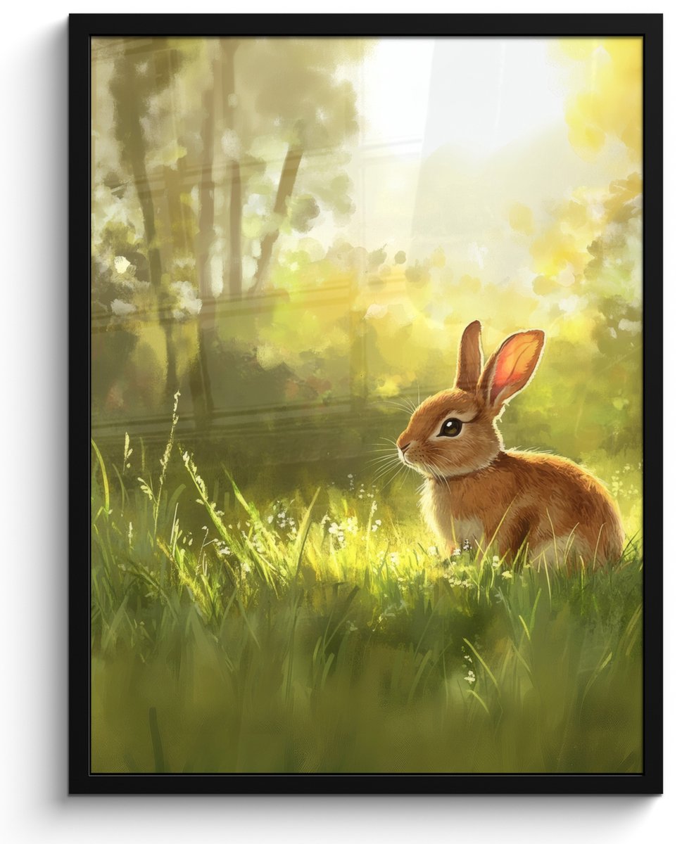 FrameYourWall Poster in lijst - Fotolijst 50x70 cm - Posters - Konijn - Zonlicht - Bos - Posterlijst zwart - Decoratie - Wanddecoratie woonkamer - Muurdecoratie slaapkamer