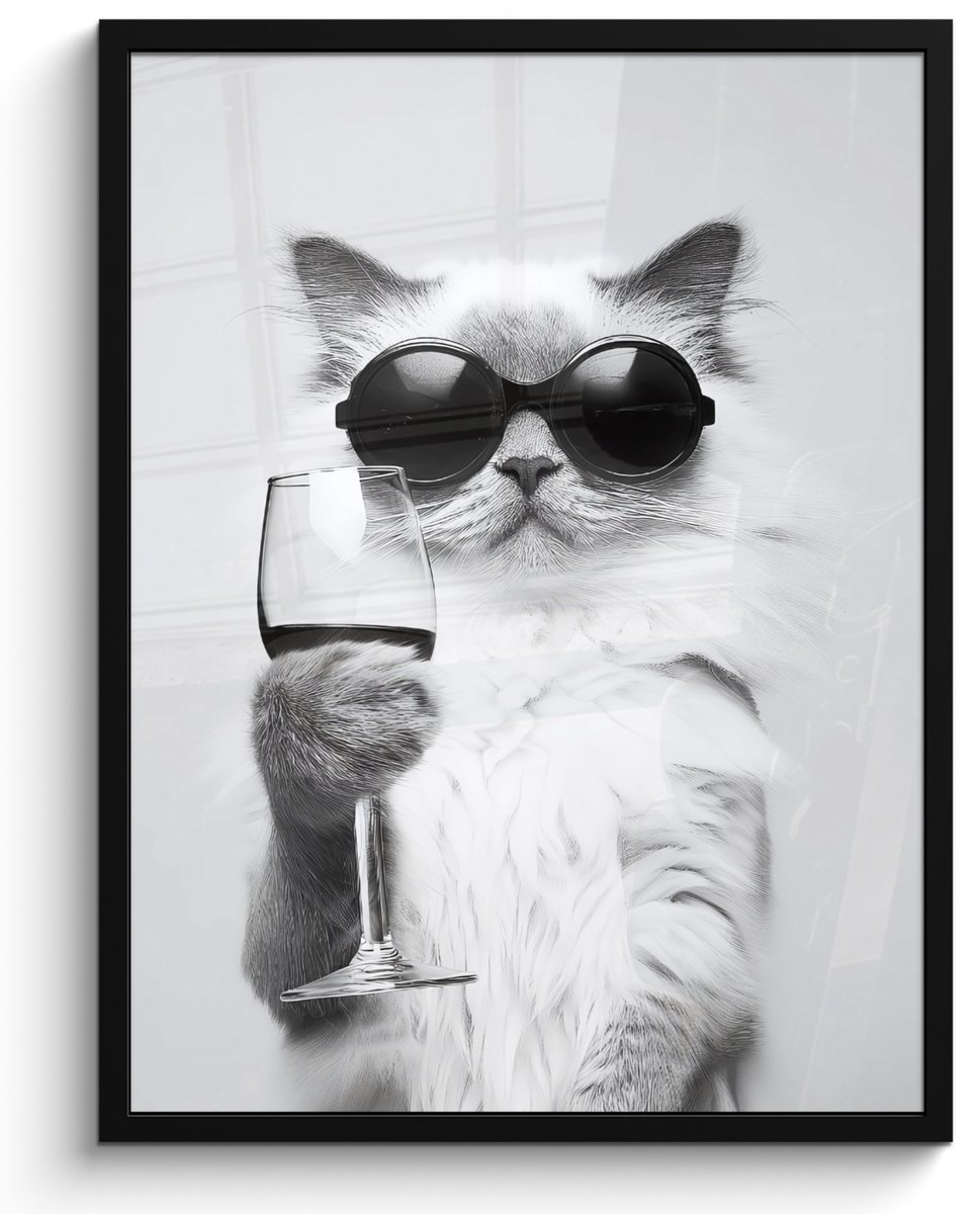 FrameYourWall Poster in lijst - Fotolijst 50x70 cm - Posters - Kat - Zonnebril - Wijnglas - Langharig - Posterlijst zwart - Decoratie - Wanddecoratie woonkamer - Muurdecoratie slaapkamer Kat - Wijnglas