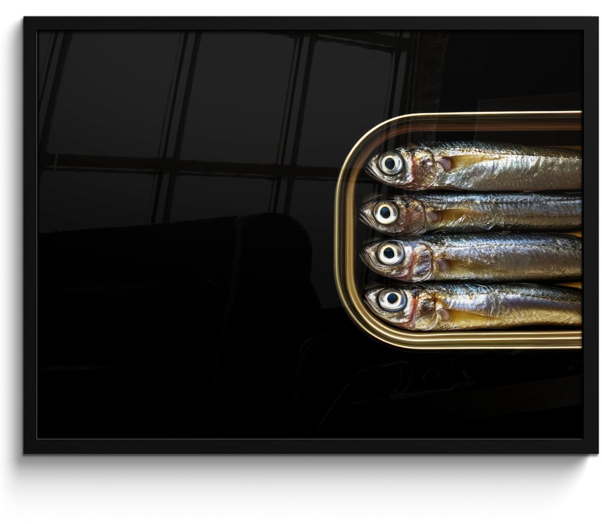 FrameYourWall Poster in lijst - Fotolijst 70x50 cm - Posters - Sardines - Blik - Zwart - Vissen - Posterlijst zwart - Decoratie - Wanddecoratie woonkamer - Muurdecoratie slaapkamer