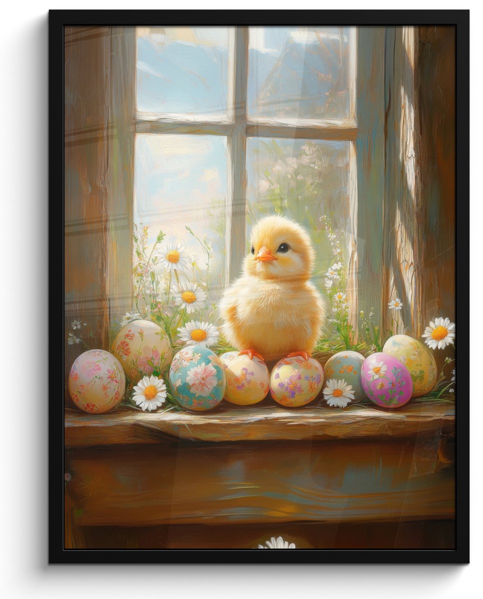 FrameYourWall Poster in lijst - Fotolijst 50x70 cm - Posters - Kuiken - Raam - Paaseieren - Posterlijst zwart - Decoratie - Wanddecoratie woonkamer - Muurdecoratie slaapkamer Kuiken - Pasen
