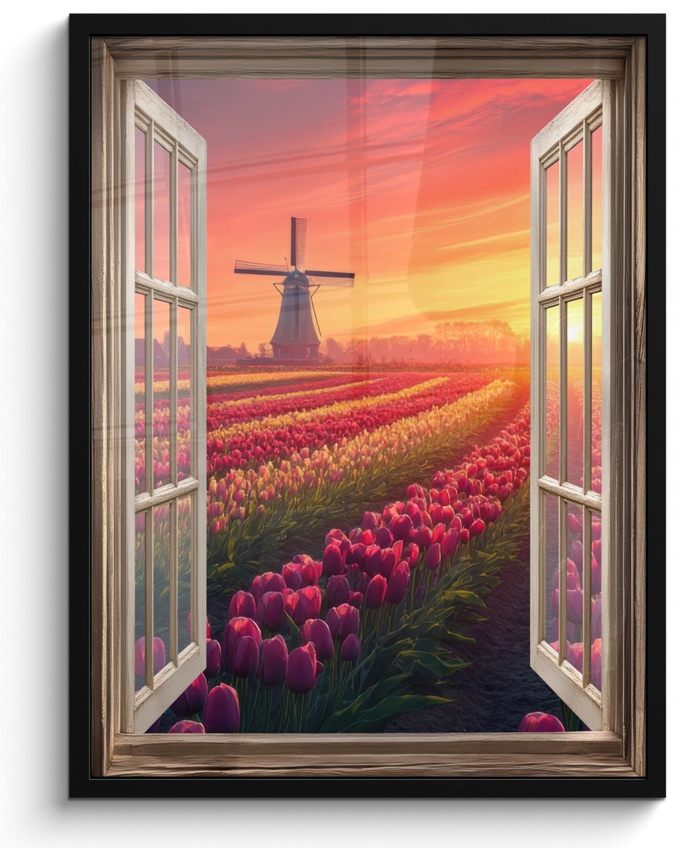 FrameYourWall Poster in lijst - Fotolijst 50x70 cm - Posters - Doorkijk - Tulpen - Zonsondergang - Bloemen - Kleurrijk - Posterlijst zwart - Decoratie - Wanddecoratie woonkamer - Muurdecoratie slaapkamer