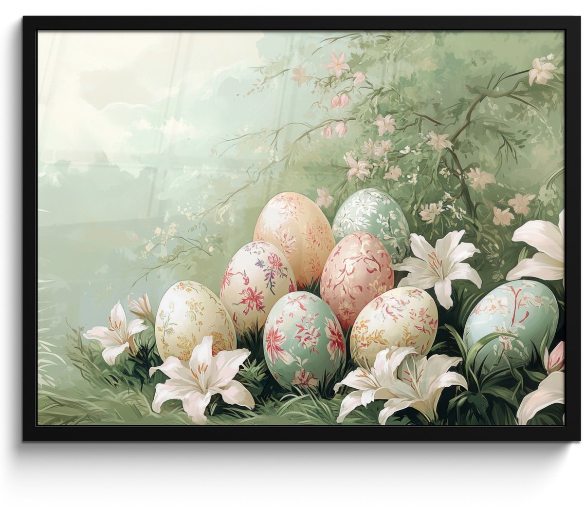 FrameYourWall Poster in lijst - Fotolijst 70x50 cm - Posters - Paaseieren - Pasteltinten - Bloemen - Posterlijst zwart - Decoratie - Wanddecoratie woonkamer - Muurdecoratie slaapkamer Eieren - Vintage