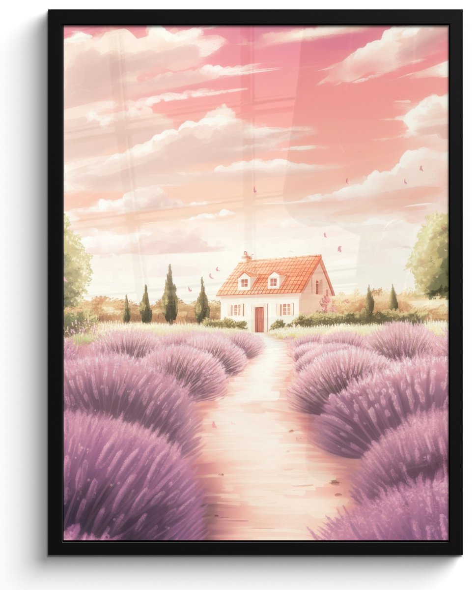 FrameYourWall Poster in lijst - Fotolijst 50x70 cm - Posters - Lavendelveld - Huis - Paars - Posterlijst zwart - Decoratie - Wanddecoratie woonkamer - Muurdecoratie slaapkamer Huisjes - Lavendel