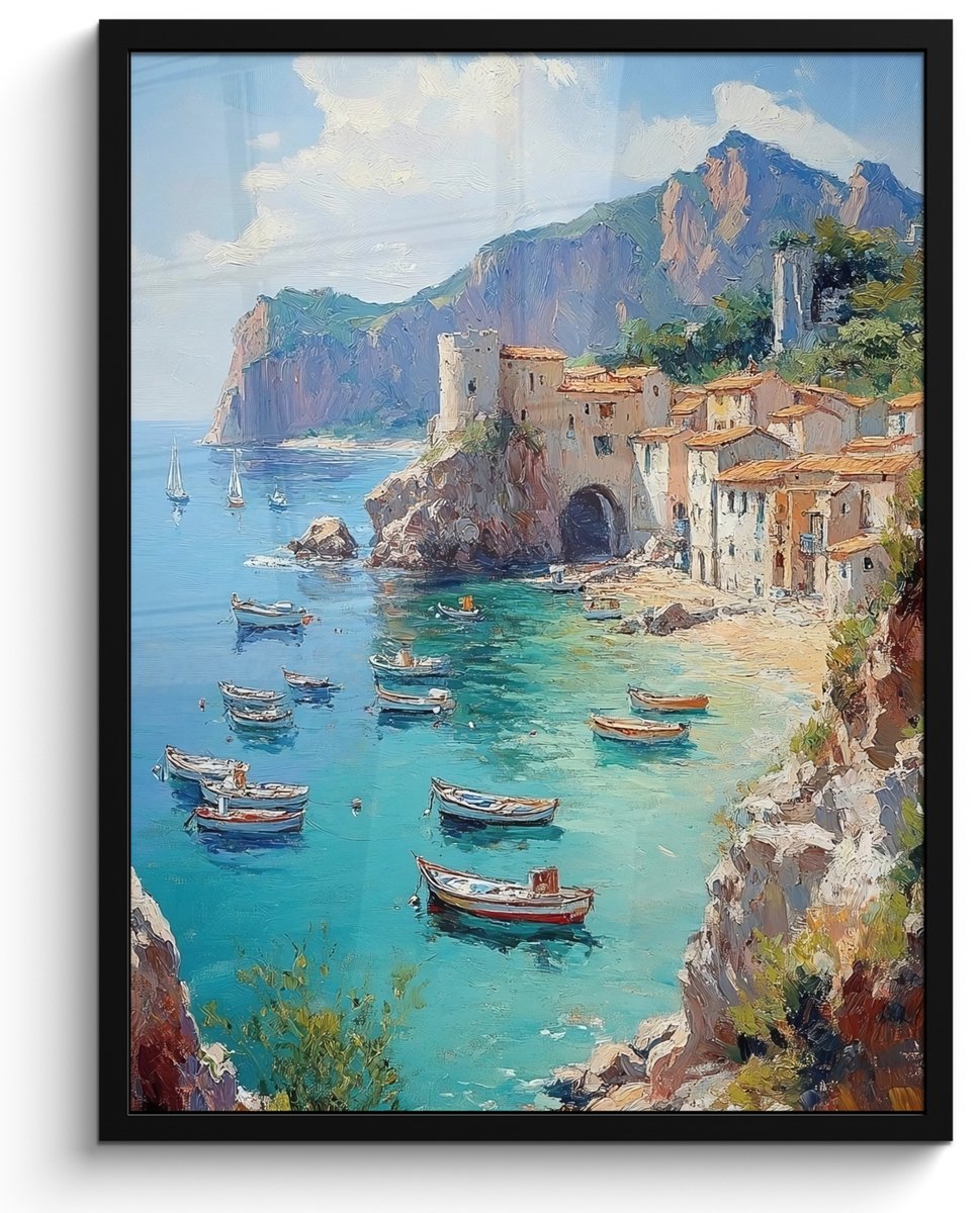 FrameYourWall Poster in lijst - Fotolijst 50x70 cm - Posters - Kustdorp - Schilderij - Rotsen - Boten - Posterlijst zwart - Decoratie - Wanddecoratie woonkamer - Muurdecoratie slaapkamer Dorp - Rotsen - Boten