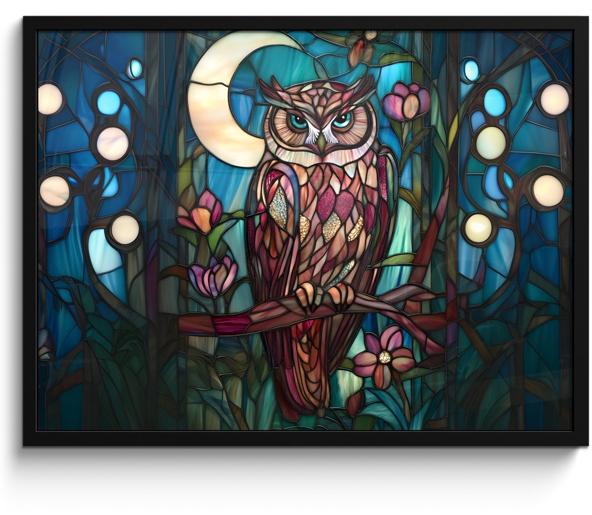 FrameYourWall Poster in lijst - Fotolijst 70x50 cm - Posters - Uil - Mozaïek - Maan - Nacht - Posterlijst zwart - Decoratie - Wanddecoratie woonkamer - Muurdecoratie slaapkamer Uil - Maan - Mozaïek
