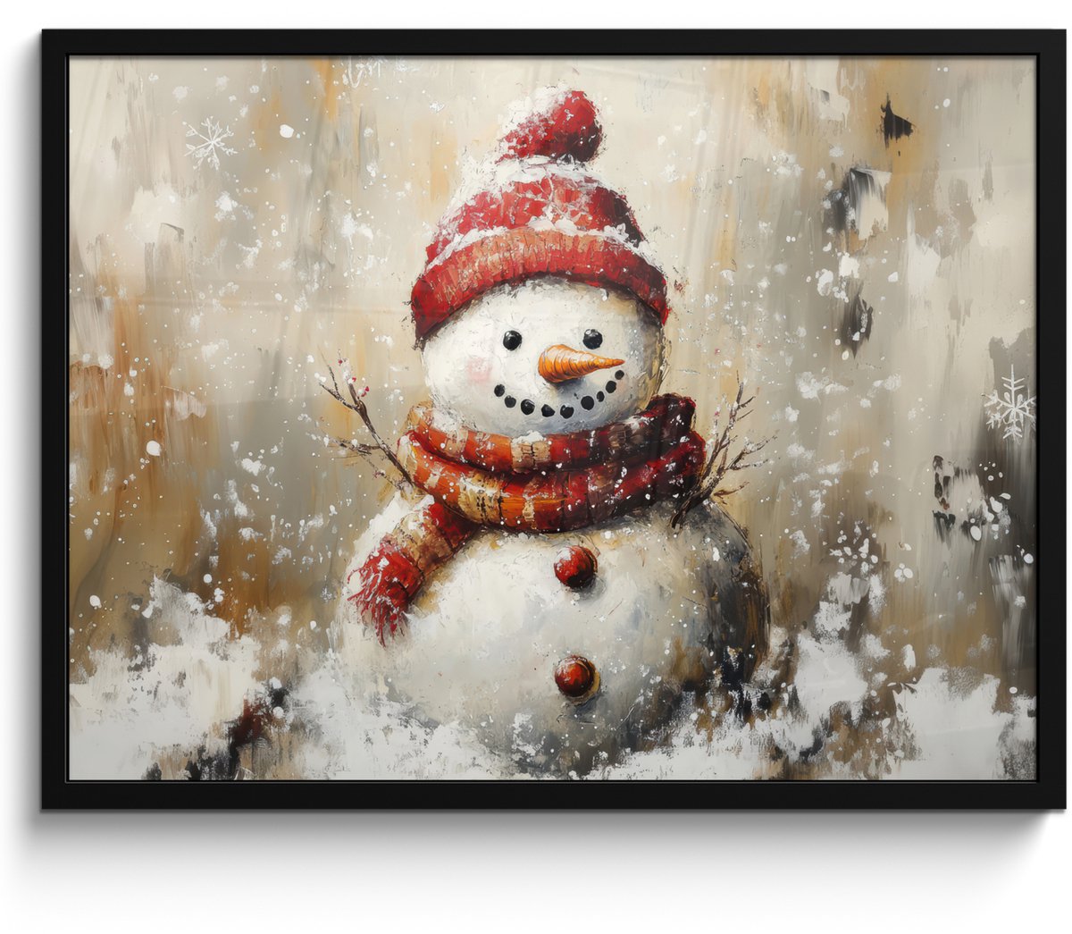 FrameYourWall Poster in lijst - Fotolijst 70x50 cm - Posters - Sneeuwpop - Winter - Sneeuw - Beige - Posterlijst zwart - Decoratie - Wanddecoratie woonkamer - Muurdecoratie slaapkamer