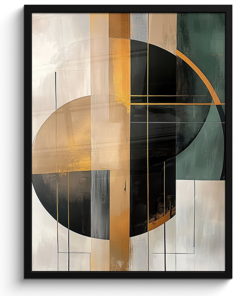 FrameYourWall Poster in lijst - Fotolijst 50x70 cm - Posters - Abstract - Goud - Brons - Groen - Vormen - Modern - Posterlijst zwart - Decoratie - Wanddecoratie woonkamer - Muurdecoratie slaapkamer Abstracte vormen