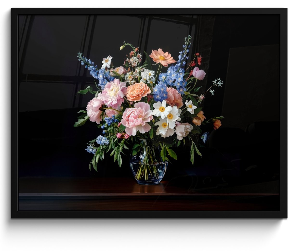 FrameYourWall Poster in lijst - Fotolijst 70x50 cm - Posters - Pastel - Bloemen - Glazen - Vaas - Posterlijst zwart - Decoratie - Wanddecoratie woonkamer - Muurdecoratie slaapkamer Bloemen - Pastel
