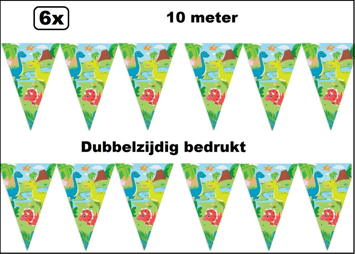 6x Vlaggenlijn Dinosaurus 10 meter - Dubbelzijdig bedrukt - Dino thema feest party