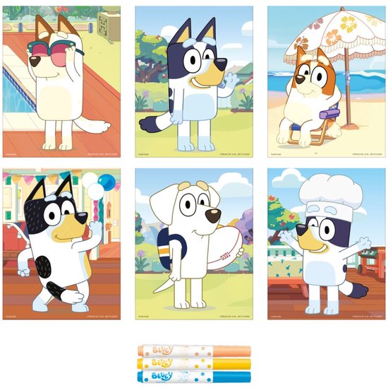 Zes kaarten met Bluey en Bingo: bij het zwembad, met rugzak, op strand, met ballonnen, met rugbybal, als kok.