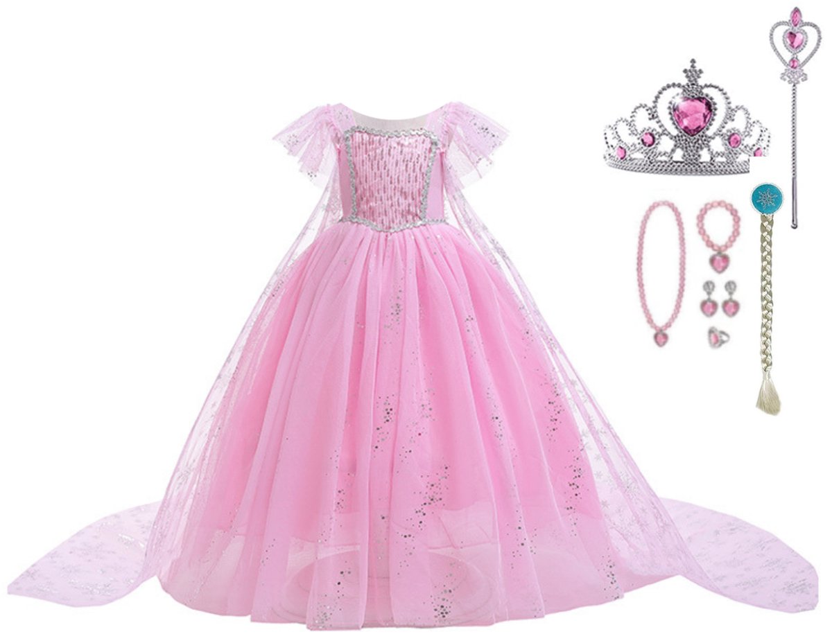 Frozen Elsa - Het Betere Merk - Roze prinsessenjurk meisje - Prinsessen speelgoed - Prinsessen verkleedkleding - 146/152 - Juwelenset - kroon - Tiara - Toverstaf - Haarvlecht - Kleed
