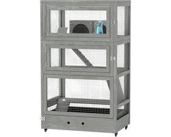 Hamsterkooi - Cavia kooi - Rattenkooi - Huisje - 3 Niveaus - Verwijderbare Lade - Met Voederstation - Zaag - Loopplank - Hutten - Hangbrug - Hout - 65B x 45D x 109H cm - Grijs