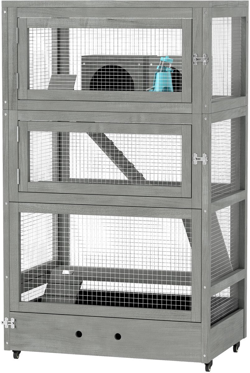 Hamsterkooi - Cavia kooi - Rattenkooi - Huisje - 3 Niveaus - Verwijderbare Lade - Met Voederstation - Zaag - Loopplank - Hutten - Hangbrug - Hout - 65B x 45D x 109H cm - Grijs
