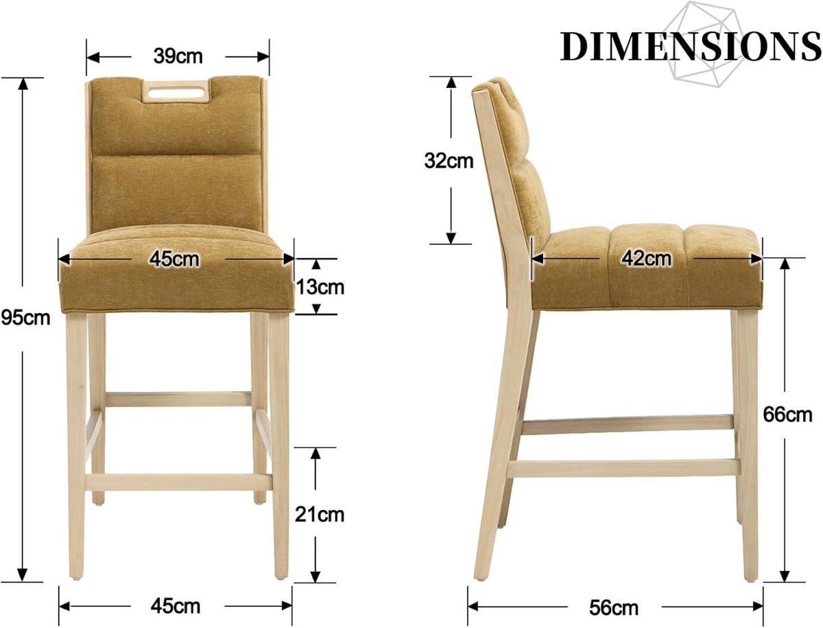 Barkruk Set van 4 House&Garden Gele Chenille Barstoelen met Rugleuning – Bistrokruk Houten Frame voor Keuken, Keukeneiland, Eettafel – Comfortabele Barstoel
