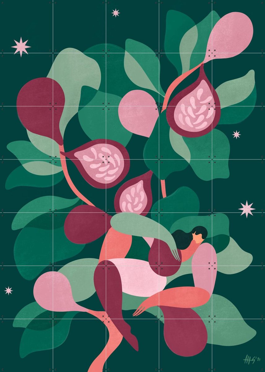 IXXI Figs at Night, Maggie Stephenson - 100 x 140 cm - Gratis ophangtool - Grote wanddecoratie en posters - Illustraties, Kleurrijk, Speels