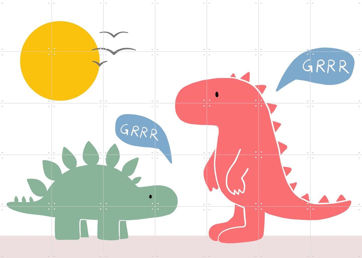 IXXI When Dinos Meet, BAINAI - 140 x 100 cm - Gratis ophangtool - Grote wanddecoratie en posters - Fantasierijk, Kleurrijk, Speels, Cartoonesk