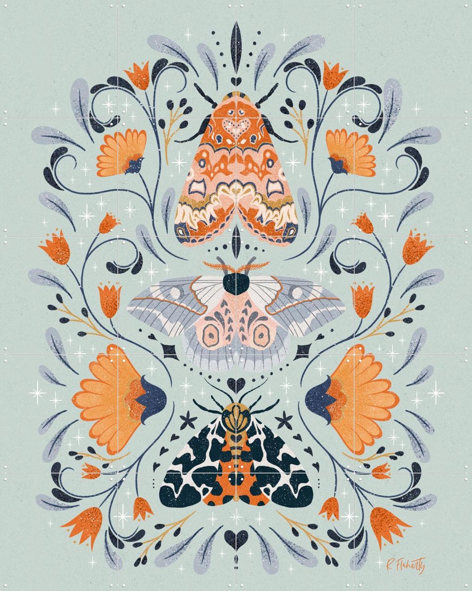 IXXI Floral Moths Mint, Rebecca Flaherty - 80 x 100 cm - Gratis ophangtool - Grote wanddecoratie en posters - Kleurrijk, Speels, Illustraties