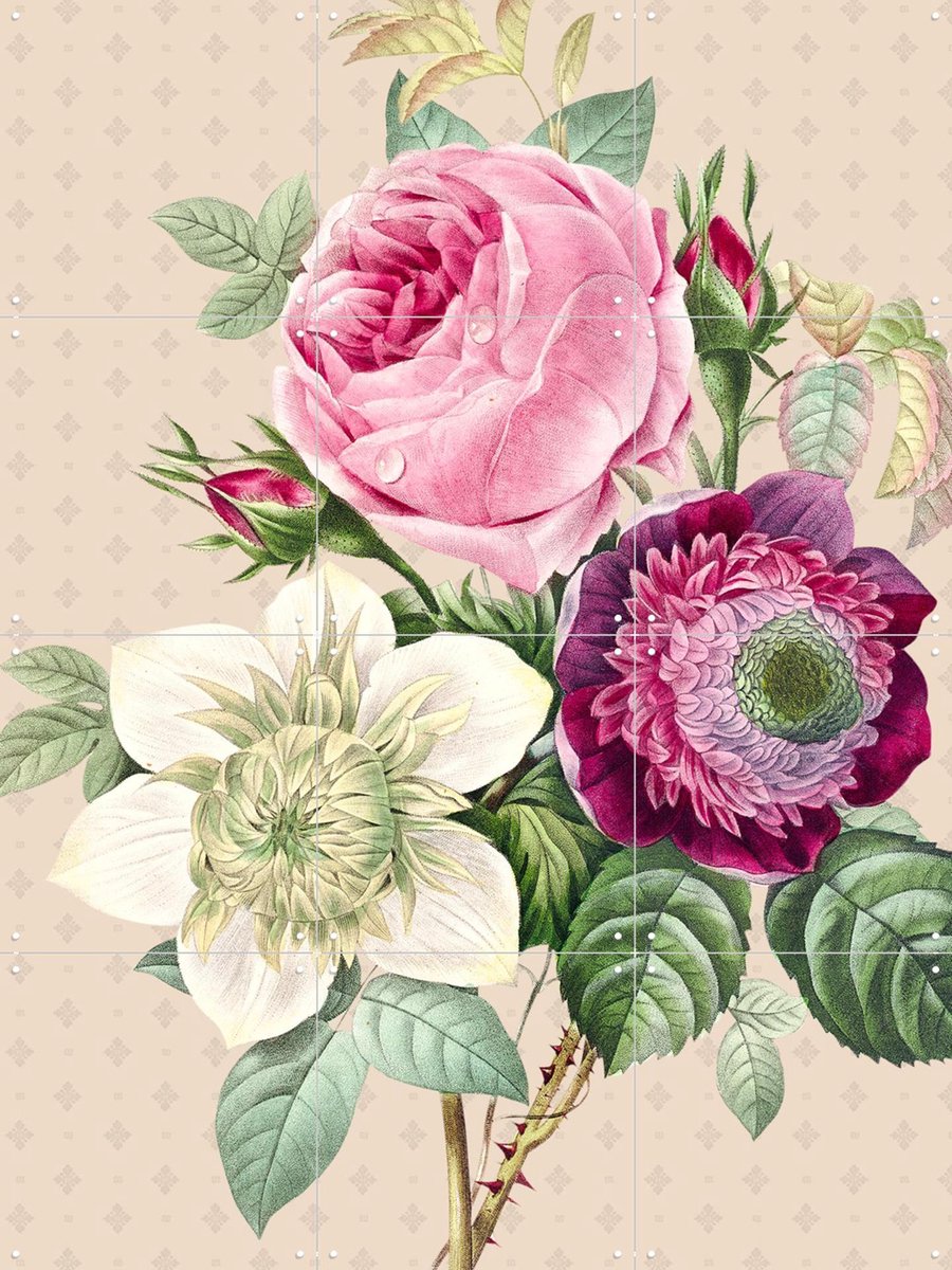 IXXI Vintage Redoute Peonies and Roses II, Bloomery Decor - 60 x 80 cm - Gratis ophangtool - Grote wanddecoratie en posters - Naturalisme, Vintage