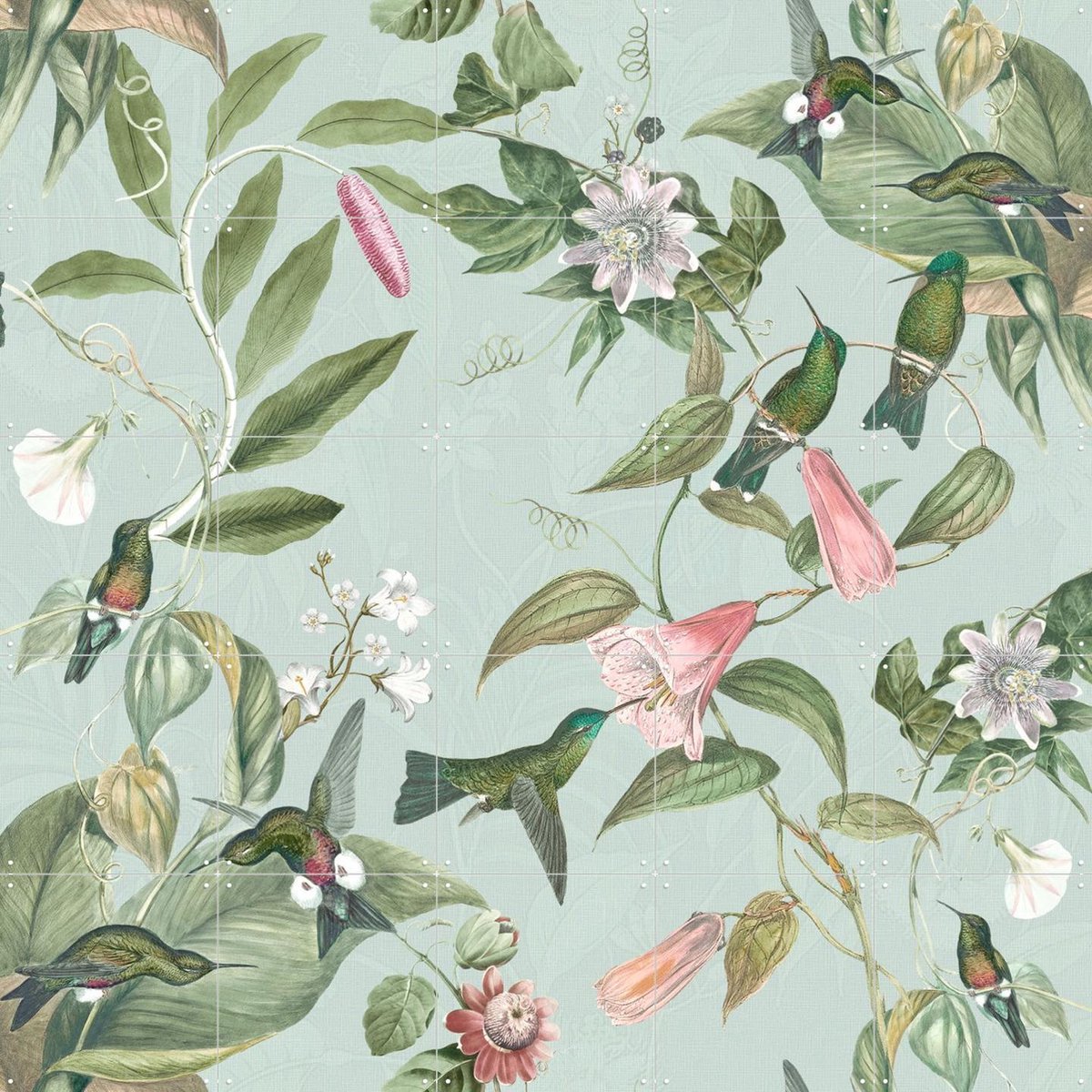 IXXI Birds & Passiflora paradise garden - soft teal, Bloomery Decor - 100 x 100 cm - Gratis ophangtool - Grote wanddecoratie en posters - Naturalisme
