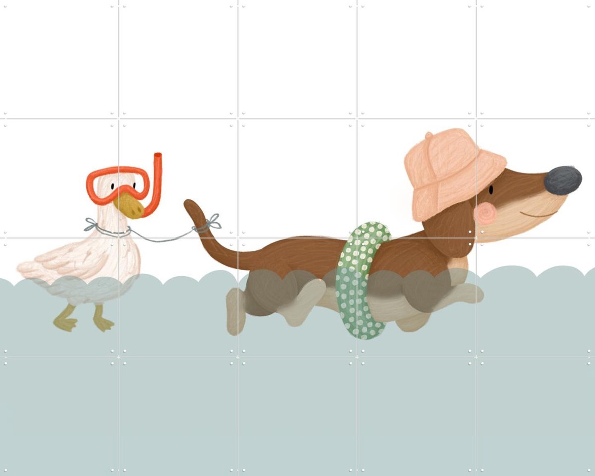 IXXI Swimming Dachshund, Studio Phie - 100 x 80 cm - Gratis ophangtool - Grote wanddecoratie en posters - Digitale Kunst, Illustraties, Speels