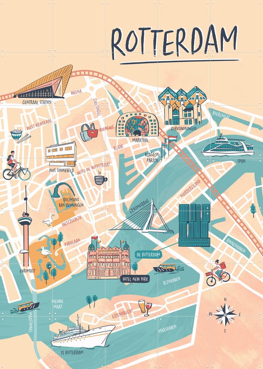 IXXI Rotterdam Illustration, Revista Ontwerp & Kunst in Kaart - 100 x 140 cm - Gratis ophangtool - Grote wanddecoratie en posters - Speels