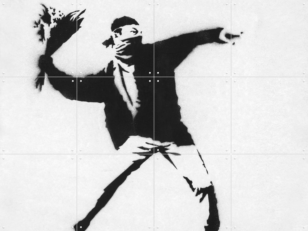 IXXI Love is in the Air white, Banksy - 80 x 60 cm - Gratis ophangtool - Grote wanddecoratie en posters - Pop art, Houtsnede, Street art