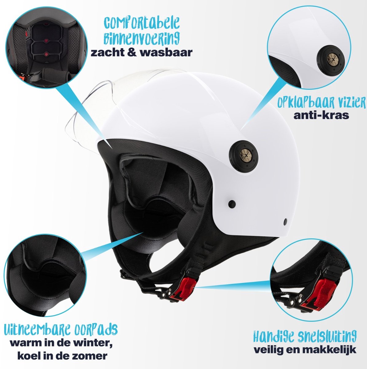 VINZ Duoro Jethelm met Vizier - Helm Scooter, Motor, Brommer, Snorfiets - Voor Dames & Heren - Wit - M – foto 2