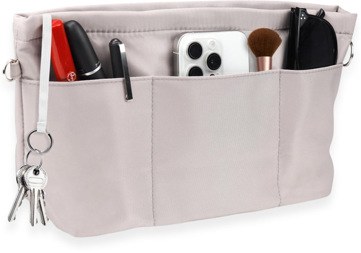 Ultiluxe® Tasorganizer - Grijs - Binnenzak voor in een schoudertas of handtas - Met vakken - 23 x 17,5 x 8 cm - Waterdicht met sleutelhanger en ritssluiting - Hoogwaardig nylon materiaal - Duurzaam