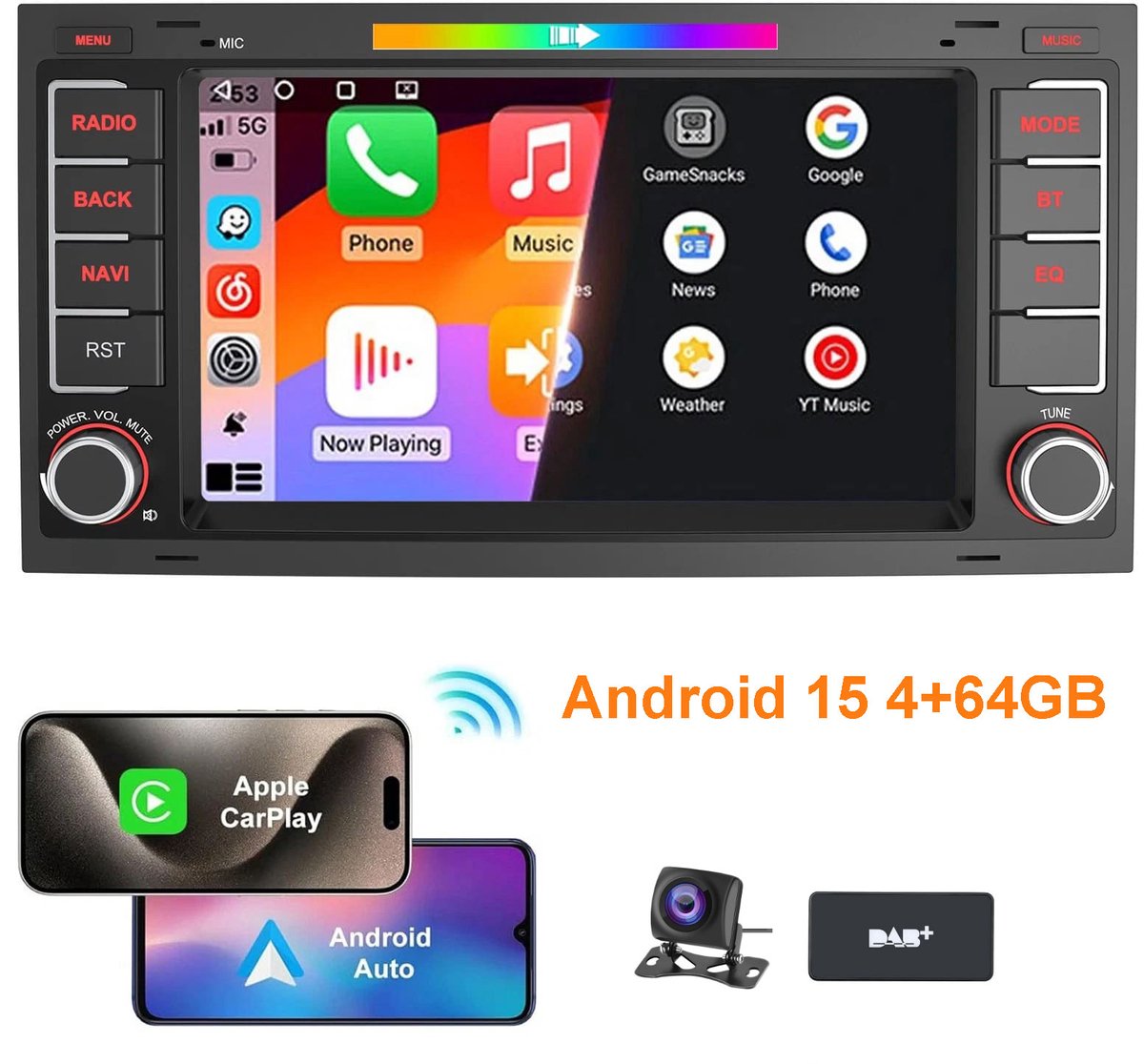 ESSGOO Autoradio 4+64GB met Carplay en Android Auto - voor Volkswagen VW T5 Transporter Touareg - 2-DIN radio - met 7-inch scherm - navigatiesysteem - Bluetooth USB FM RDS -Achteruitrijcamera - DAB+