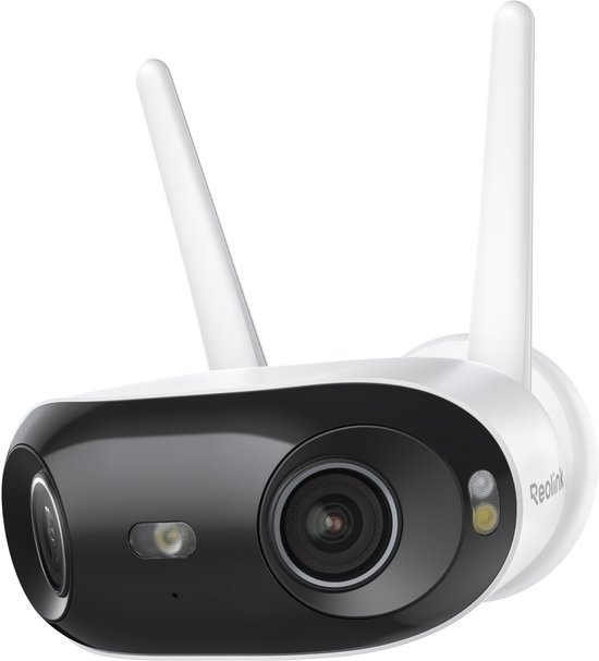 Witte en zwarte beveiligingscamera met twee antennes, op witte achtergrond.