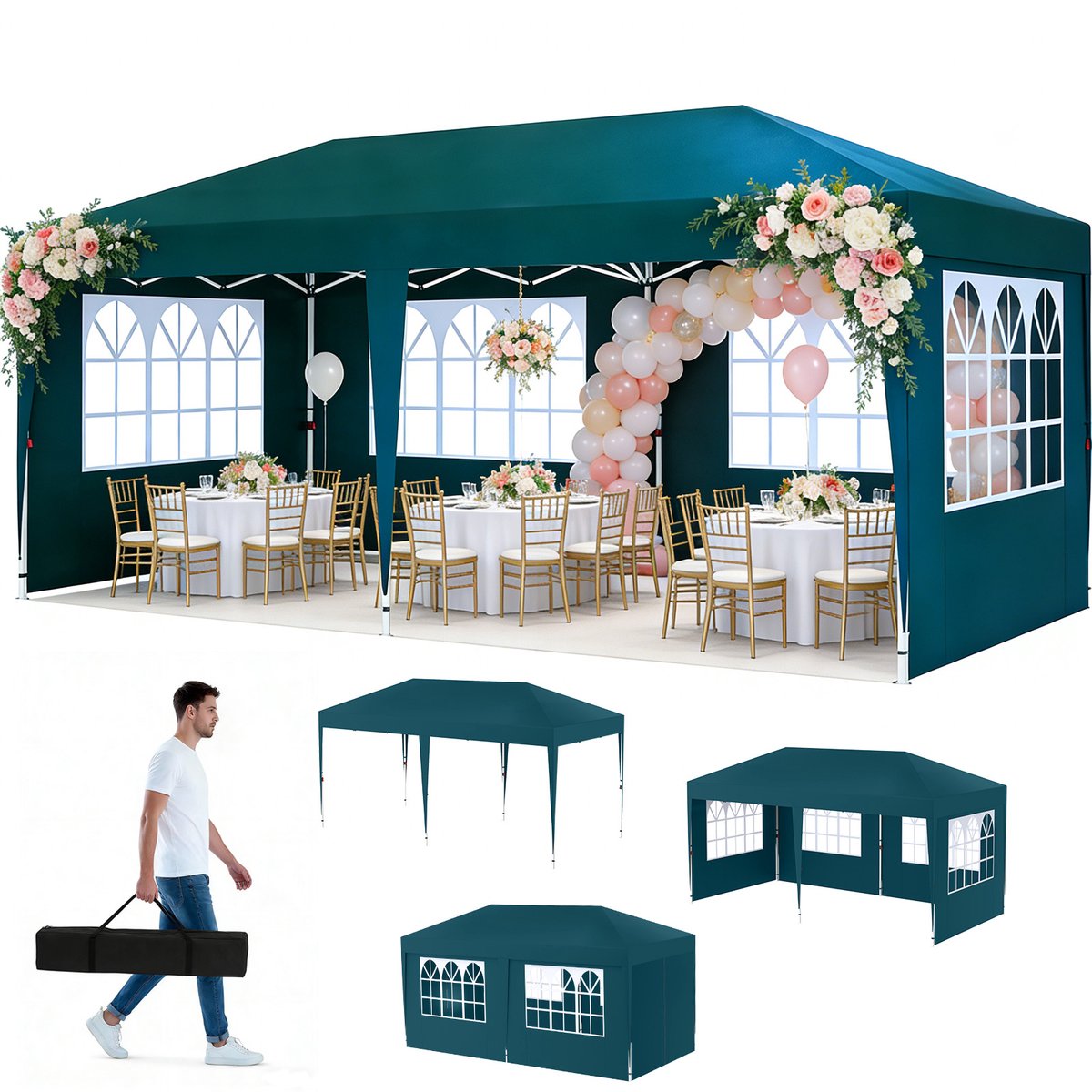 Froadp Donkergroen 3x6m Opvouwbare Paviljoen Waterdicht Stabil – Opvouwbare Feesttent met 6 Zijwanden & Anti-UV Bescherming, Tuinpaviljoen voor Bruiloften, Vrije Tijd & Tuinfeest