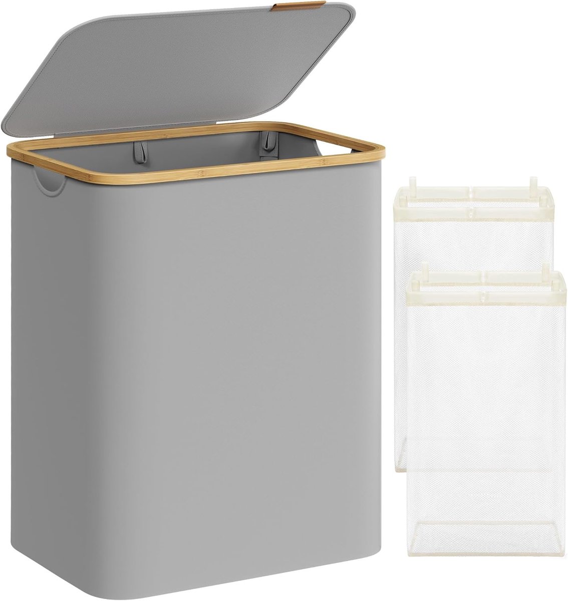 SONGMICS Wasmand met 2 vakken, 130 l, wasverzamelaar met deksel, opvouwbaar, uitneembare waszak, Oxford-weefsel, handgrepen van bamboe, inklapbaar, 52 x 38,5 x 70,5 cm, duifgrijs LCB513G01