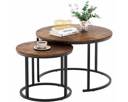 Luxaliving Salontafel Set Rond – Industrieel Hout & Metaal – 2-Delig – Grote Tafel 58×40 cm & Kleine Tafel 48×33 cm – Bijzettafels / Nesttafels – Vintage Bruin