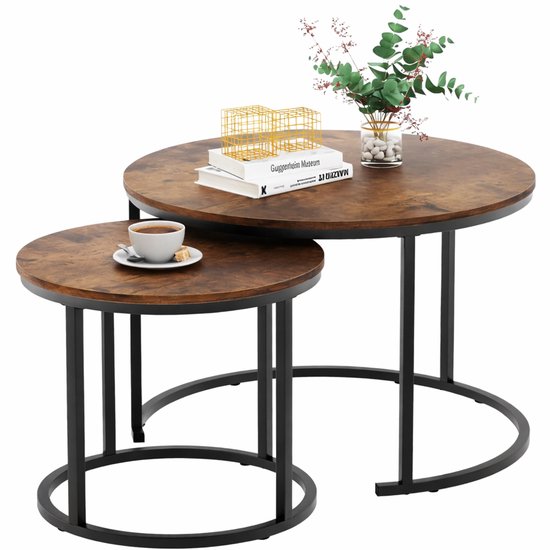 Set de tables basses rondes LuxaLiving – Tables rondes en bois antique – Grande table 58 x 40 cm et petite table 43 x 33 cm – Bois et métal industriels – Tables d'appoint/tables gigognes