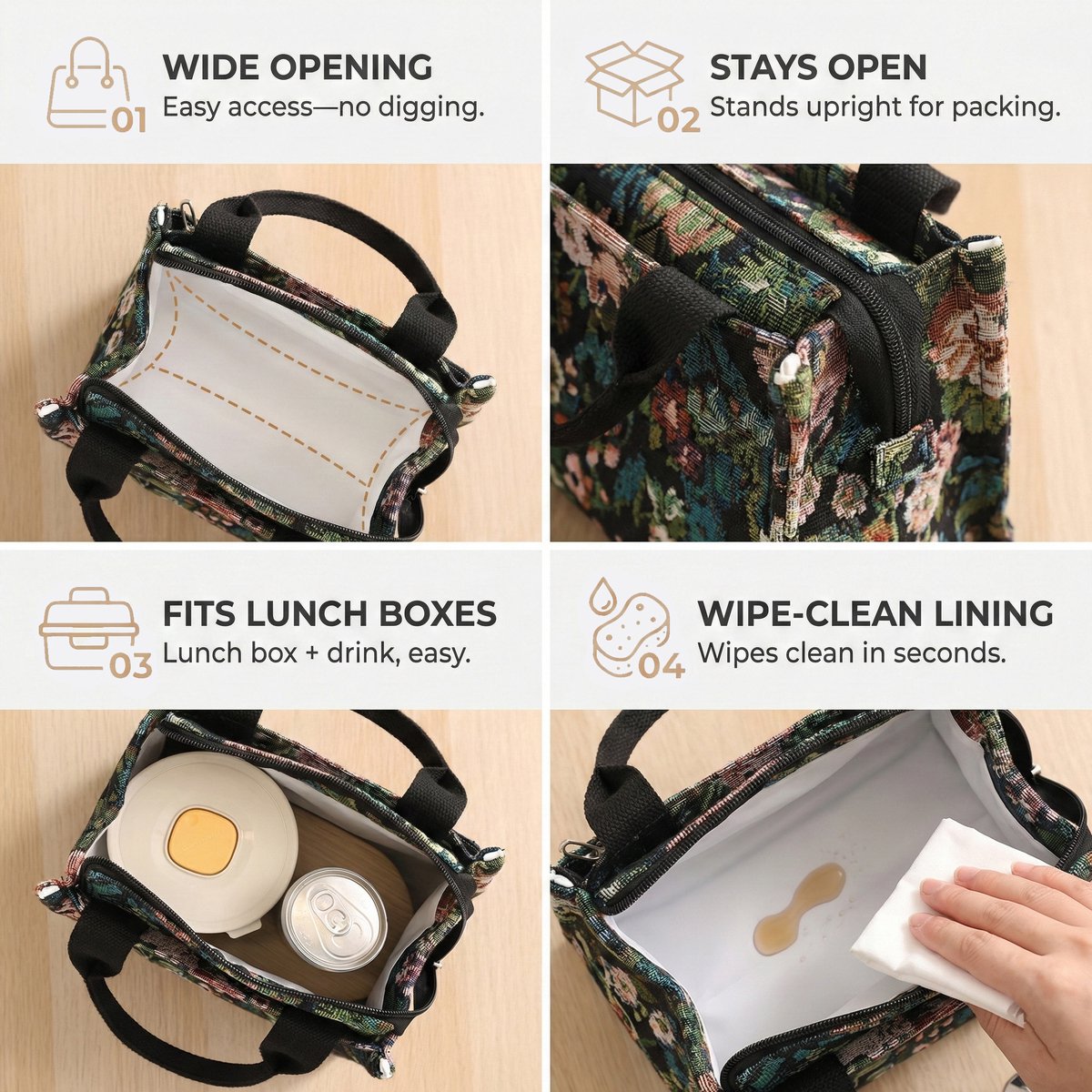 Rainbecom - Koeltassen Lunchtas 5,5L Geïsoleerd - Lunch tas Dames & Heren - 22x13.5x19.5 cm Lunchbag voor Werk & School - Koeltas Waterafstotend Polyester - Grote Opening met Rits - Zwart Vintage Rozen — cadeau in Cadeau-ideeën - foto 4