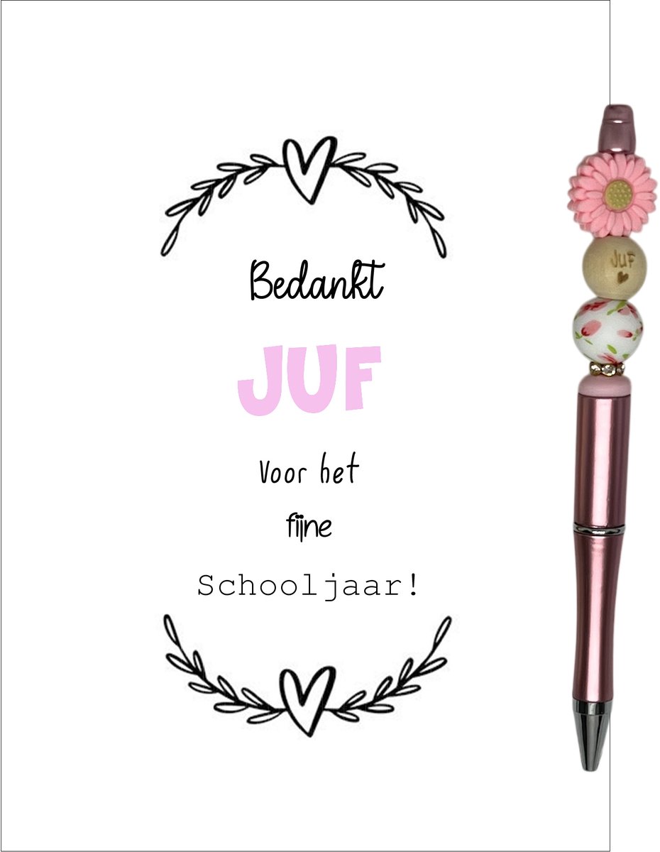 Kralenpen en kaartje JUF | ROZE | liefste juf | einde schooljaar | cadeau | topjuf | de liefste ben jij | juffen | cadeautje voor de juf