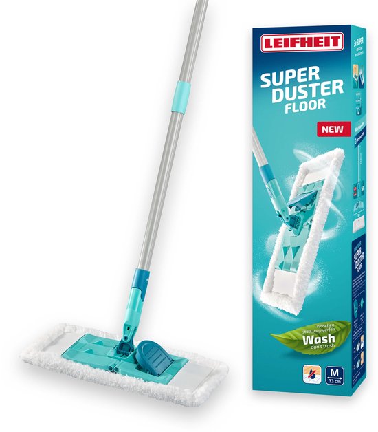 Serpillière Leifheit avec des parties turquoise et blanches, avec un chiffon microfibre blanc. L'emballage montre le produit et le texte "Super Duster Floor".