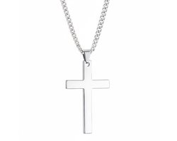 Heren ketting met kruis hanger – zilverkleurig – glanzende afwerking – schakelketting met religieus design