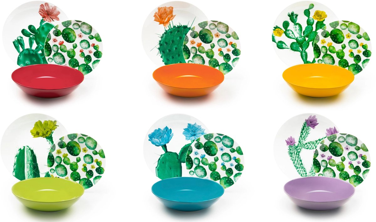 Excelsa 18-delige Serviesset – Cactus – Porselein – Vaatwasser- en Magnetronbestendig – Kleurrijk Italiaans Design