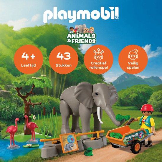 Olifant van PLAYMOBIL met dierentuinverzorger, flamingo's en planten, met tekst over leeftijd, onderdelen en spel.