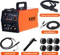 Kibani MIG-300PRO lasapparaat met accessoires: lastoorts, elektrodehouder, aardklem, staalborstel en 6 rollen lasdraad.