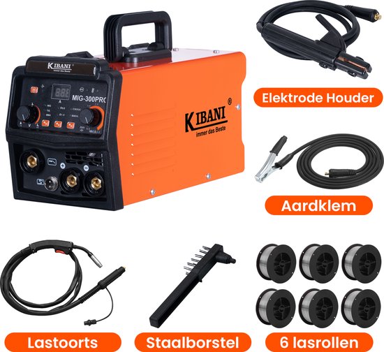 Kibani MIG-300PRO lasapparaat met accessoires: lastoorts, elektrodehouder, aardklem, staalborstel en 6 rollen lasdraad.